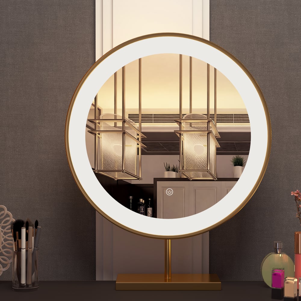 Conjunto de penteadeira de maquiagem extensível preta moderna de 5 gavetas com banquinho e espelho Imagem da janela