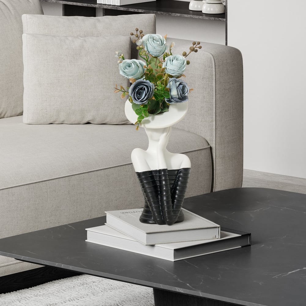 Sculptural Decorative Flower Arrangement, Resin Art Vase with 5-Head Artificial Roses window image