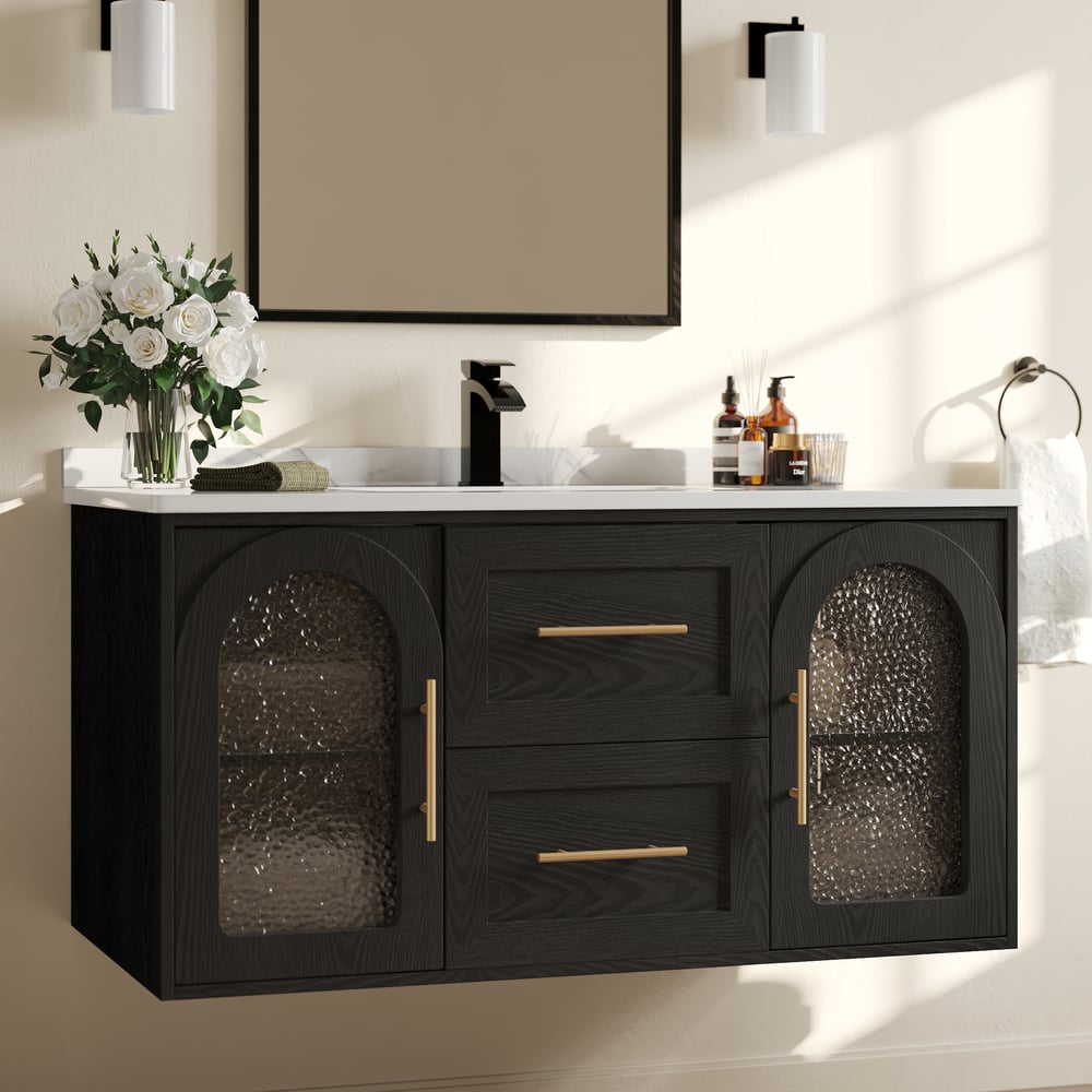 1070mm Arune Black Bathroom Vanity with Arched Glass Doors, Drawers and Light window image
