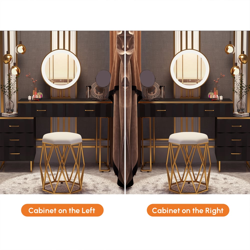 Conjunto de penteadeira de maquiagem extensível preta moderna de 5 gavetas com banquinho e espelho Imagem da janela