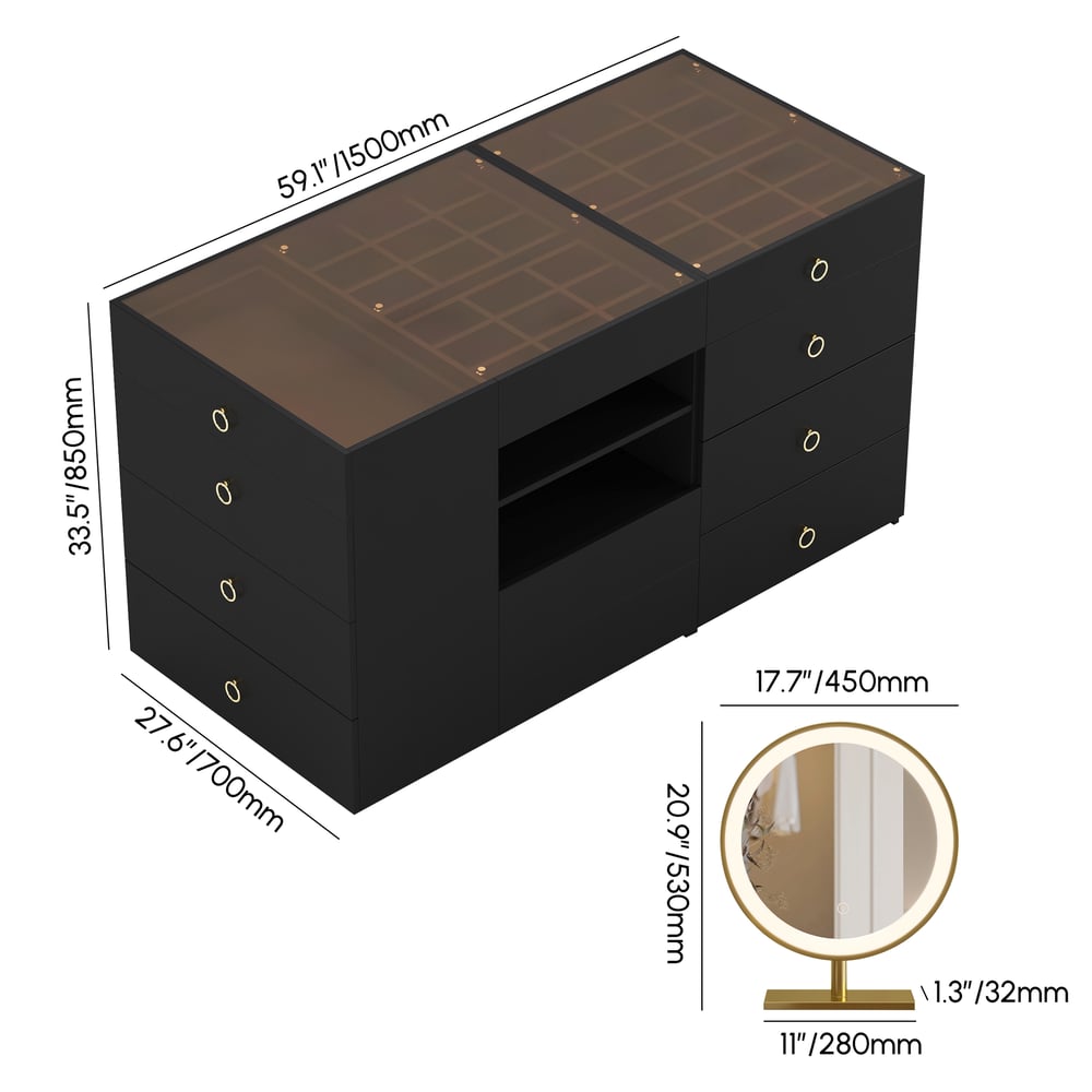 1500mm Vanity Dresser Glass Top Walk in Closet Island with Storage & Stool weights dimensions image