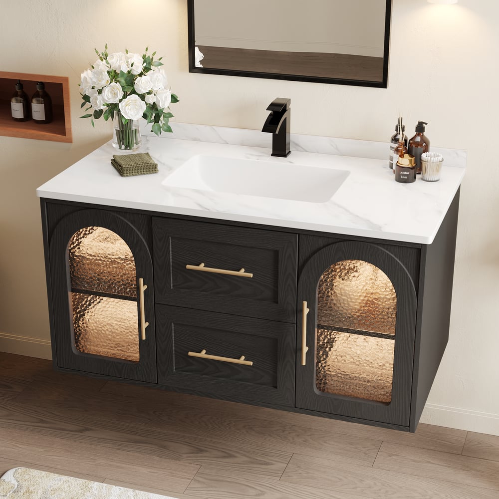 1070mm Arune Black Bathroom Vanity with Arched Glass Doors, Drawers and Light window image