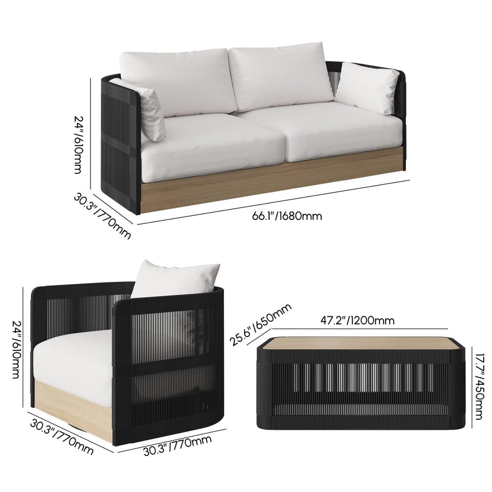 4-Pieces Modern Aluminum & Rope Outdoor Sofa Set with Coffee Table in Black for 4 weights dimensions image