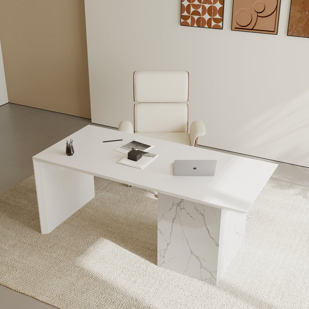 70.9" Modern Wooden White Home Office Desk & Off White Home Office Chair Set High Back window image