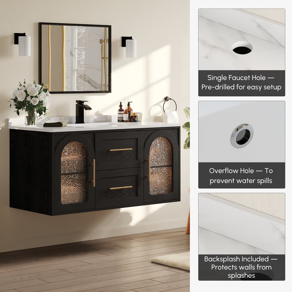 1070mm Arune Black Bathroom Vanity with Arched Glass Doors, Drawers and Light window image