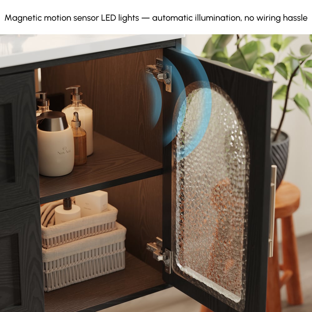 1070mm Arune Black Bathroom Vanity with Arched Glass Doors, Drawers and Light window image