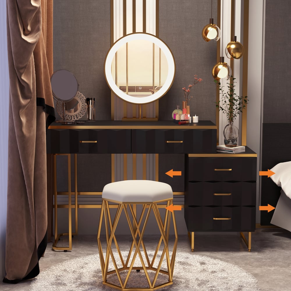 Conjunto de penteadeira de maquiagem extensível preta moderna de 5 gavetas com banquinho e espelho Imagem da janela