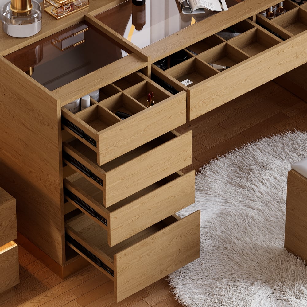 Ensemble de maquillage moderne avec miroir éclairé, station de recharge et rangement pour bijoux image de fenêtre