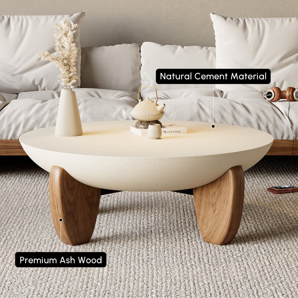 Curva Round Concrete Walnut Coffee Table with Wood Legs window image