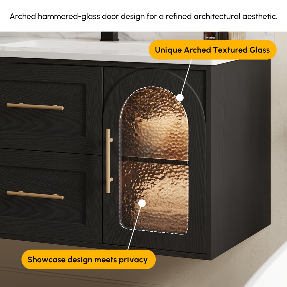 1070mm Arune Black Bathroom Vanity with Arched Glass Doors, Drawers and Light window image