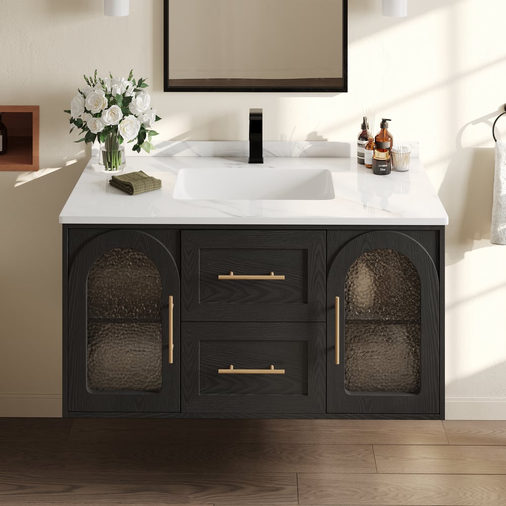 1070mm Arune Black Bathroom Vanity with Arched Glass Doors, Drawers and Light window image