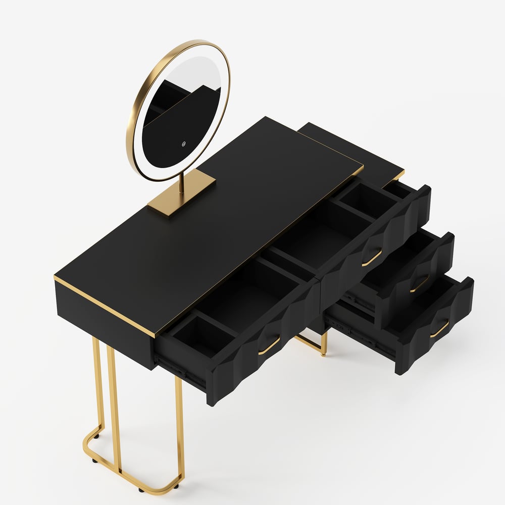 Conjunto de penteadeira de maquiagem extensível preta moderna de 5 gavetas com banquinho e espelho Imagem da janela
