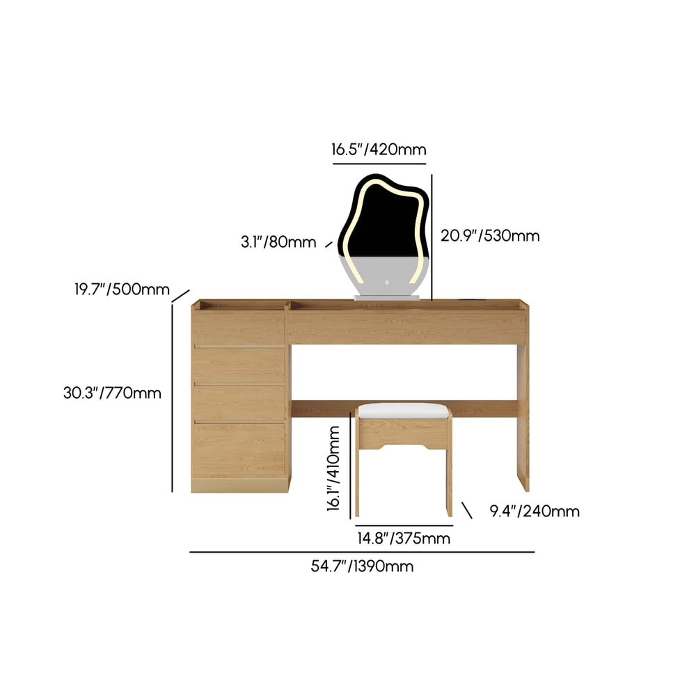 Ensemble de maquillage moderne avec miroir éclairé, station de recharge et rangement pour bijoux Poids, dimensions, image