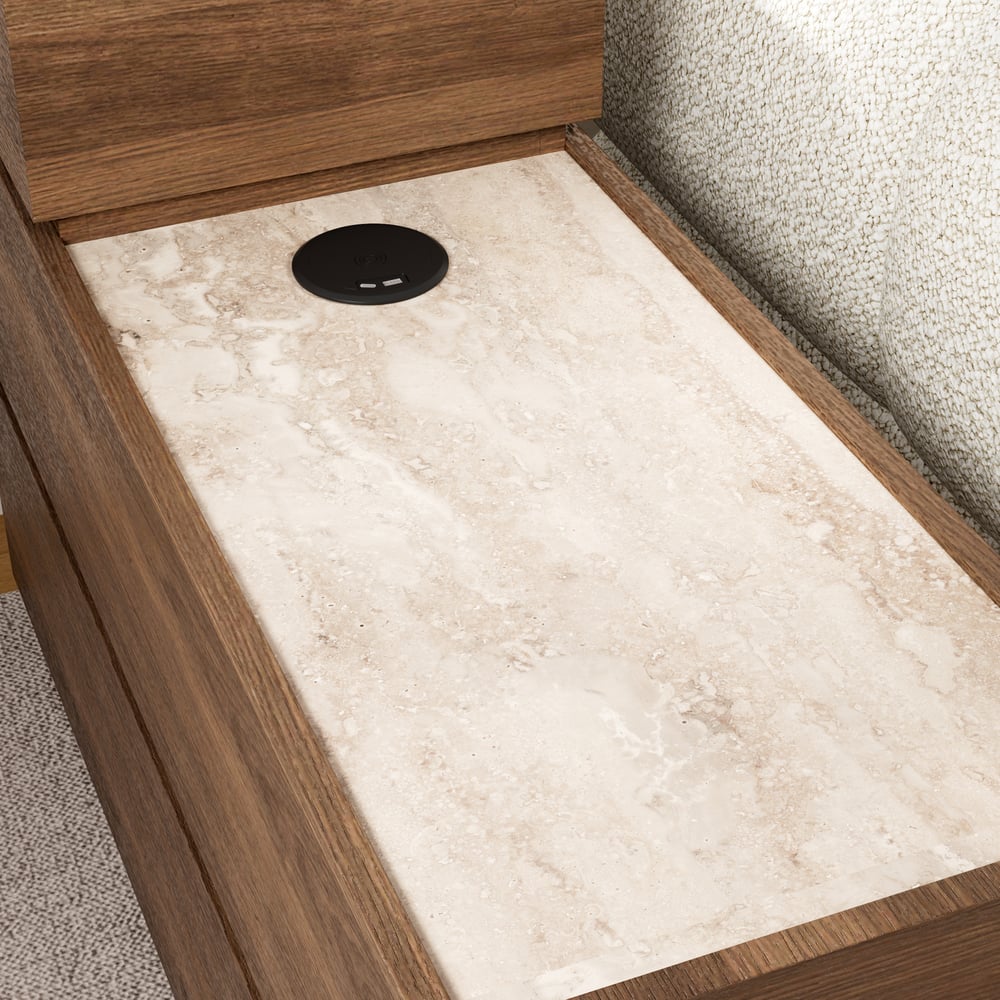 Smalle slimme bijzettafel van travertijnsteen met opbergruimte Vensterafbeelding