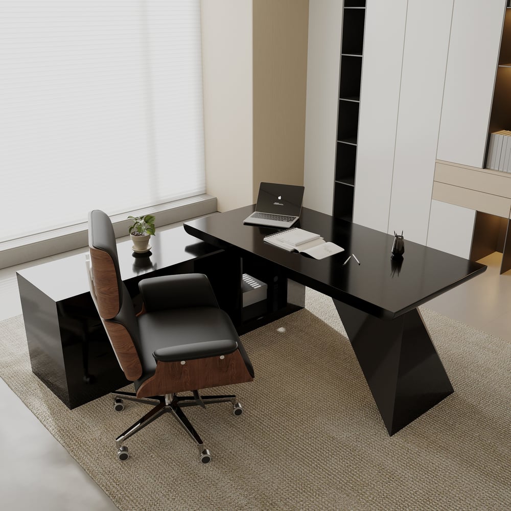 70.9"  Set Black L-Shape Executive Desk Left Hand Reclining Leather Office Desk Chair   window image