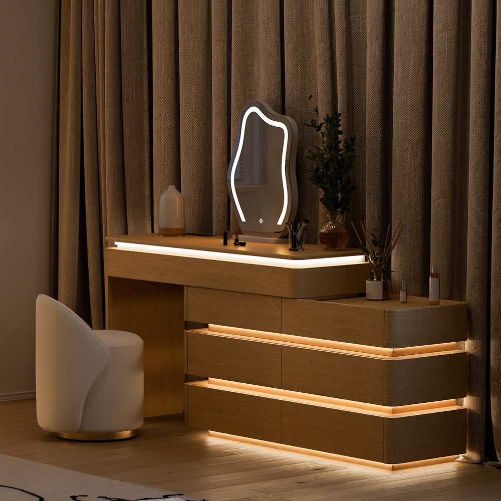 Conjunto de toucador de maquiagem inteligente Lumio 1200 mm, penteadeira retrátil com espelho e luzes Imagem da janela