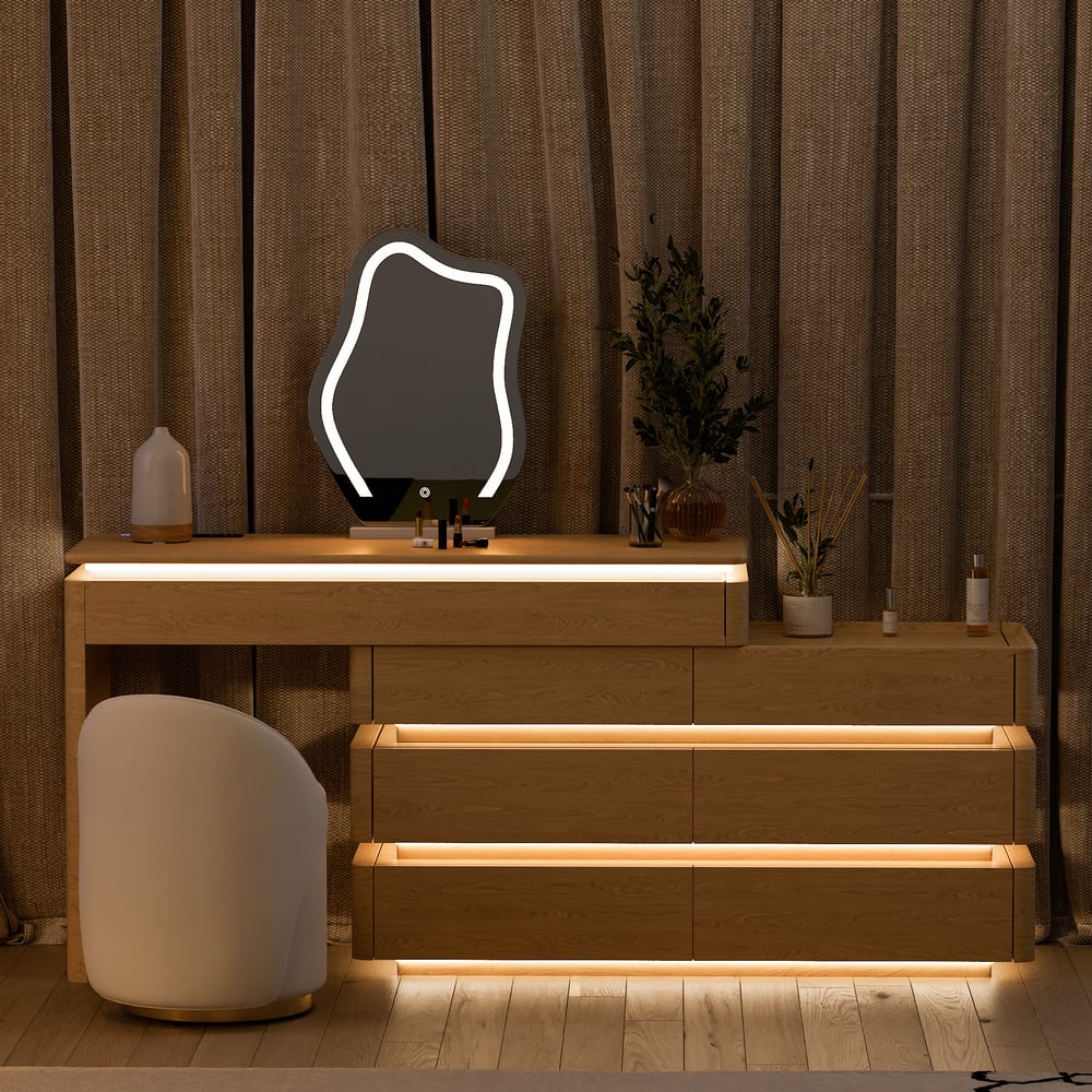 Conjunto de toucador de maquiagem inteligente Lumio 1200 mm, penteadeira retrátil com espelho e luzes Imagem da janela