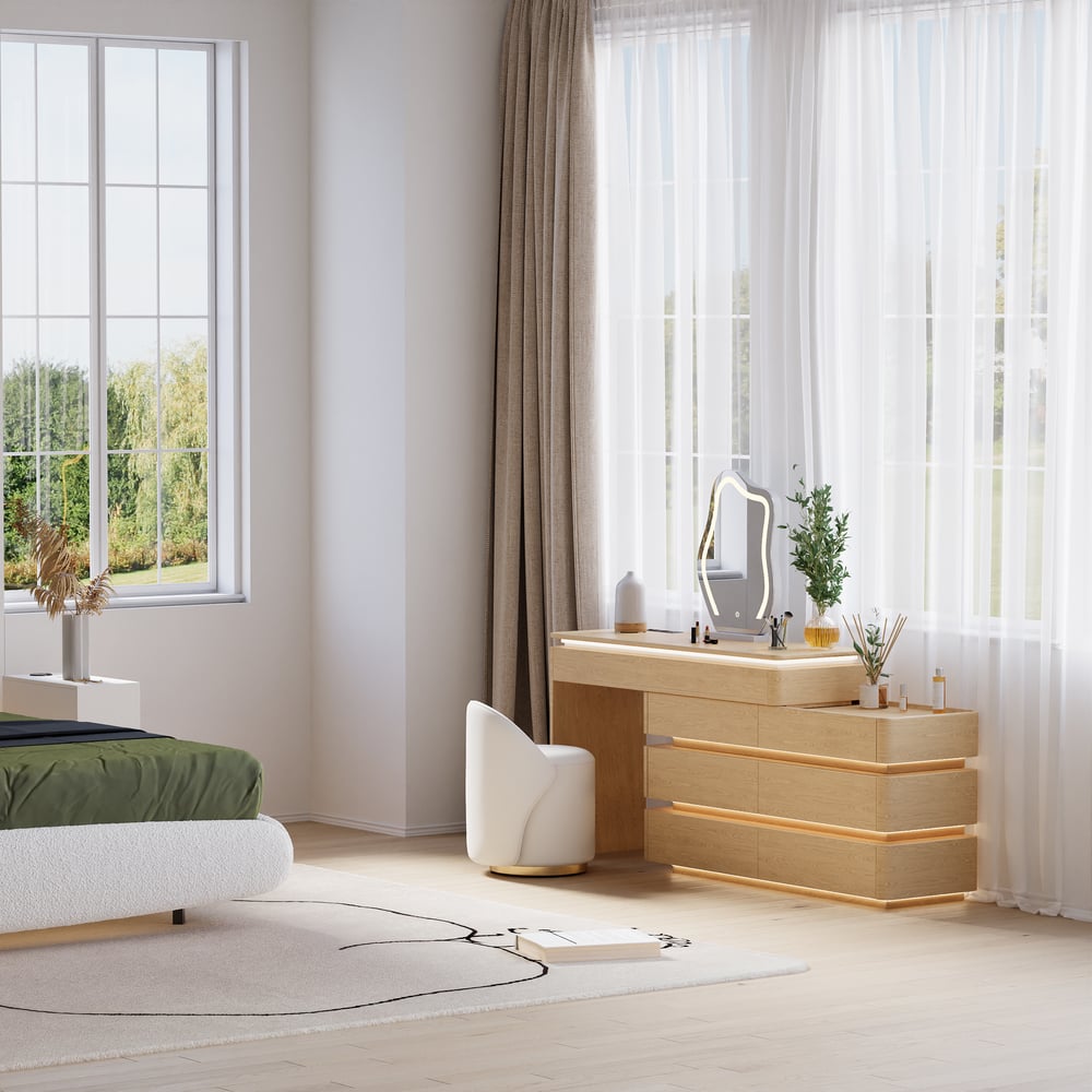 Conjunto de toucador de maquiagem inteligente Lumio 1200 mm, penteadeira retrátil com espelho e luzes Imagem da janela