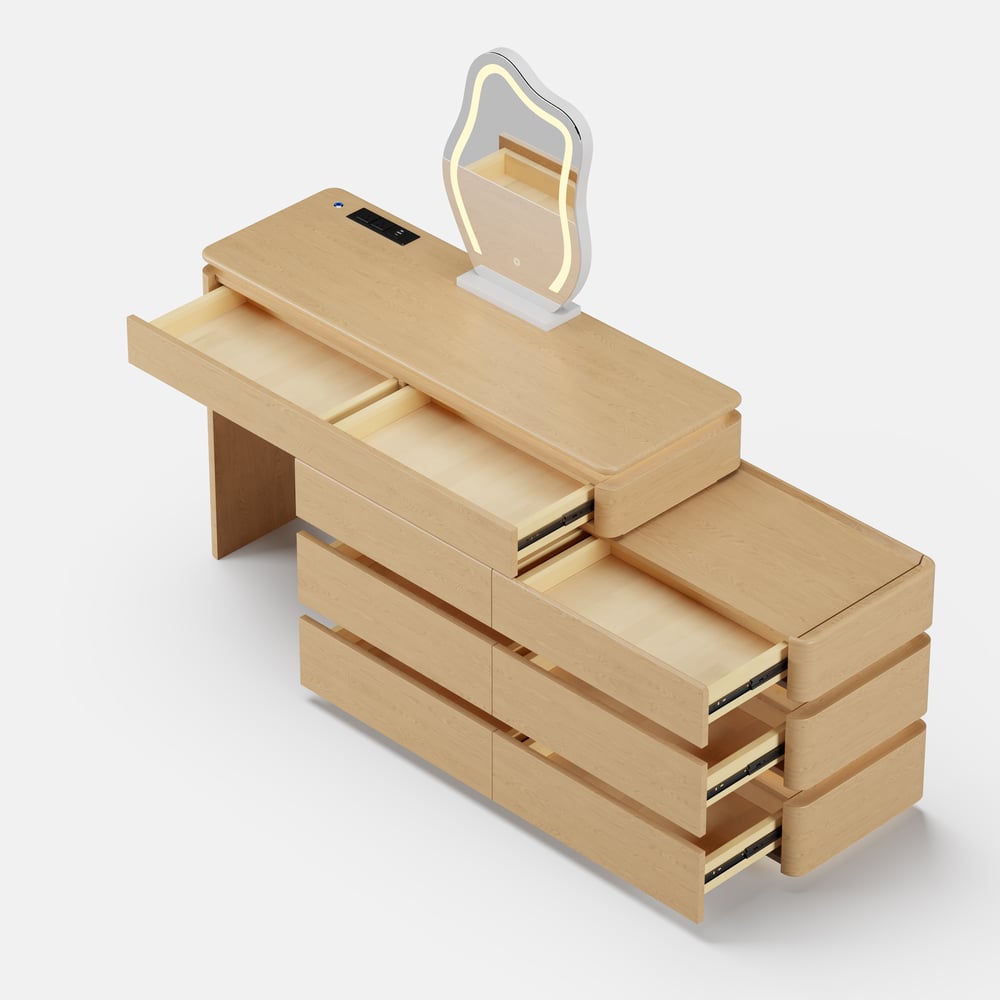 Conjunto de toucador de maquiagem inteligente Lumio 1200 mm, penteadeira retrátil com espelho e luzes Imagem da janela