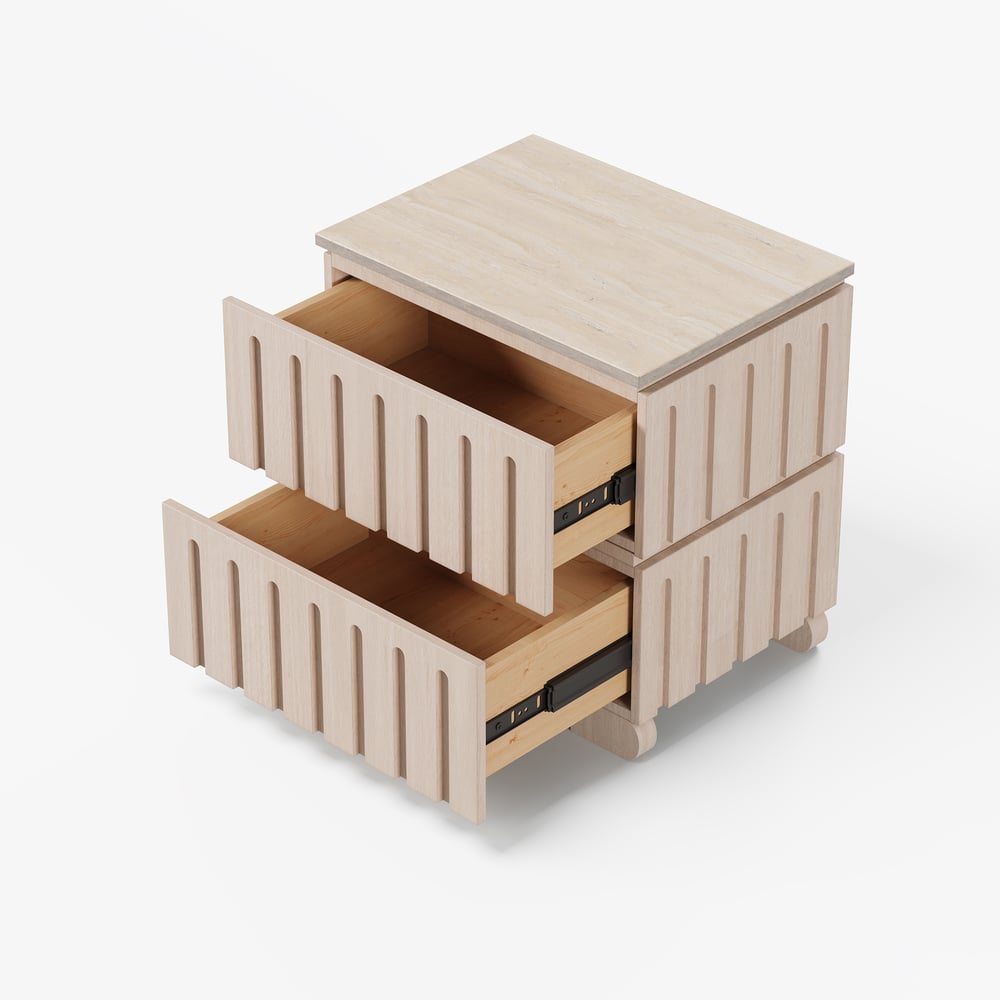 Ash Wood 2-Drawer Nightstand with Faux Travertine Top window image