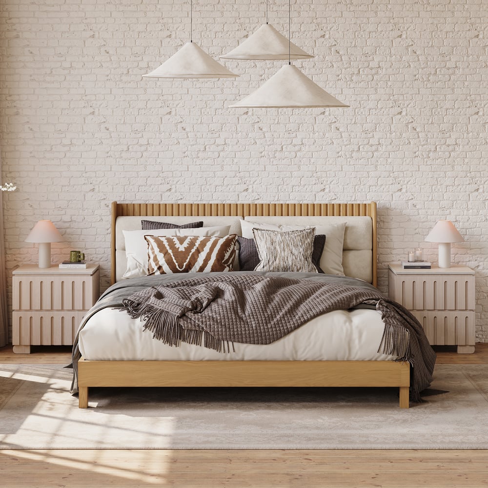 Ash Wood 2-Drawer Nightstand with Faux Travertine Top window image