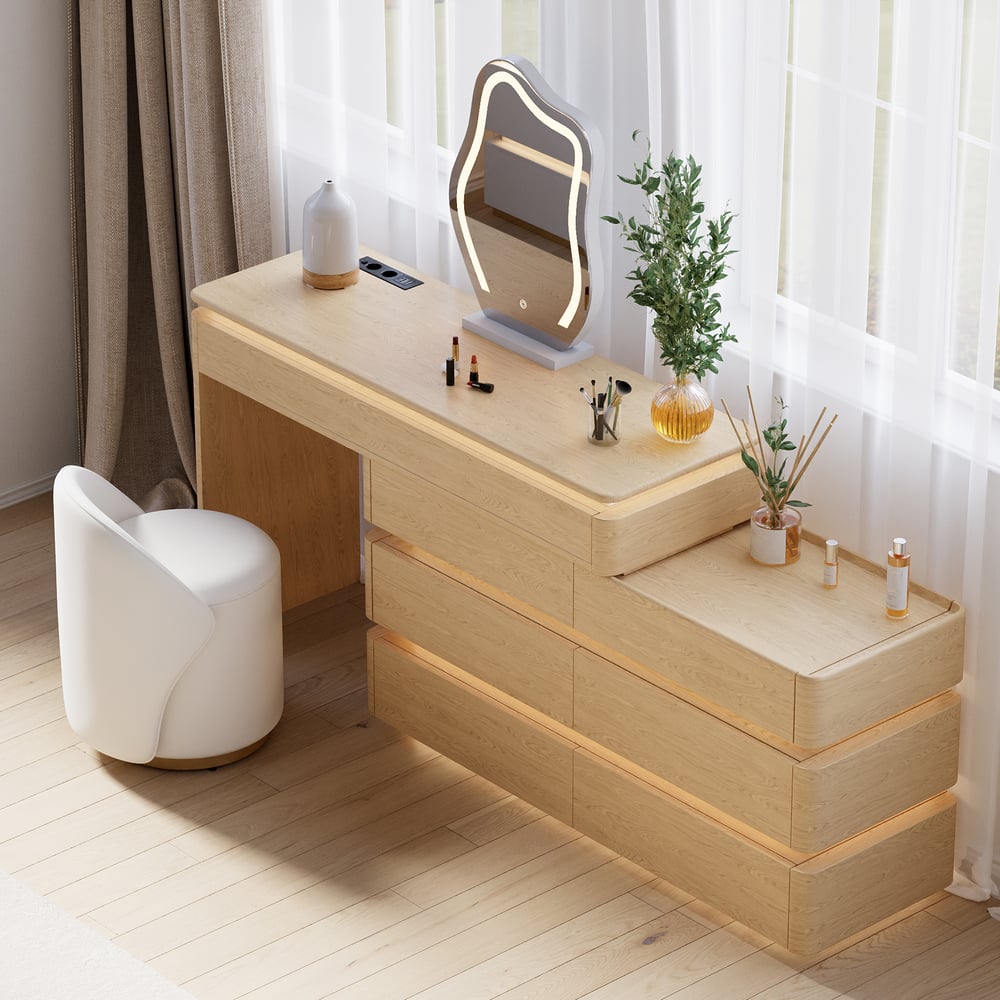 Conjunto de toucador de maquiagem inteligente Lumio 1200 mm, penteadeira retrátil com espelho e luzes Imagem da janela