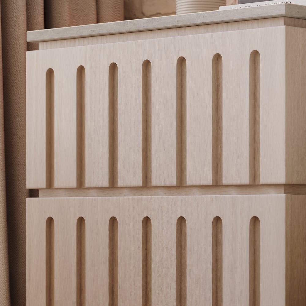 Ash Wood 2-Drawer Nightstand with Faux Travertine Top window image