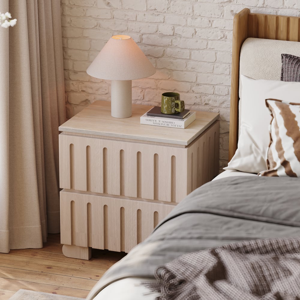 Ash Wood 2-Drawer Nightstand with Faux Travertine Top window image