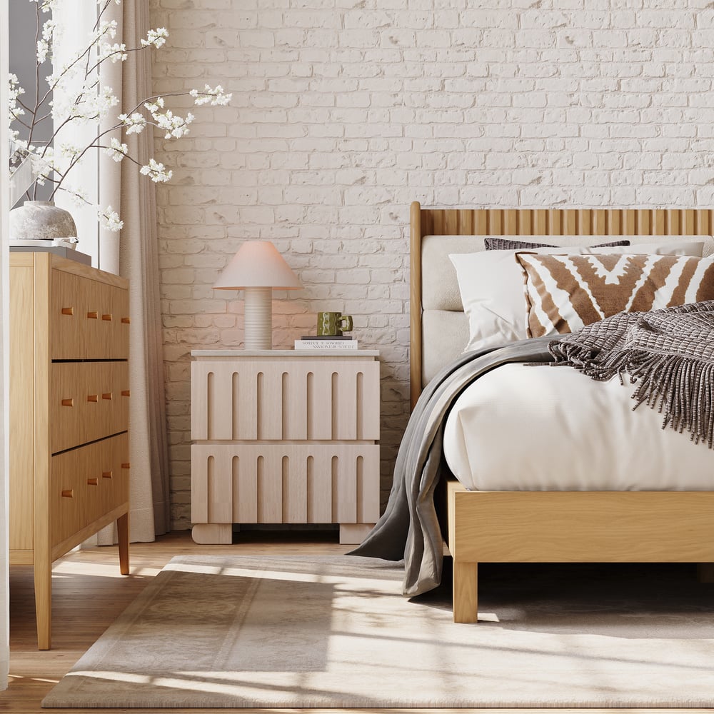 Ash Wood 2-Drawer Nightstand with Faux Travertine Top window image