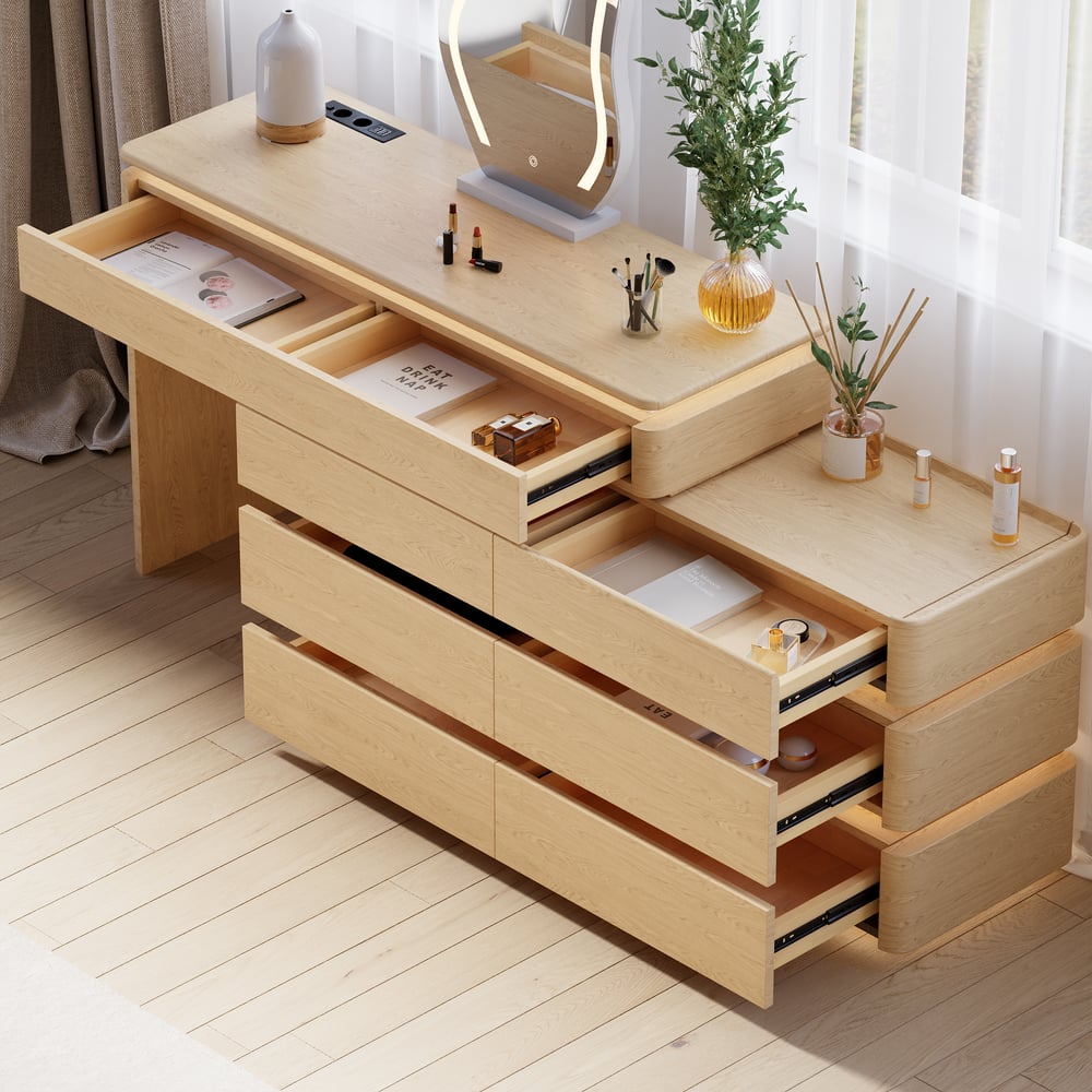 Conjunto de toucador de maquiagem inteligente Lumio 1200 mm, penteadeira retrátil com espelho e luzes Imagem da janela