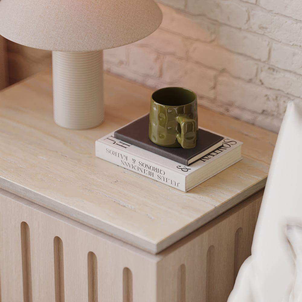 Ash Wood 2-Drawer Nightstand with Faux Travertine Top window image