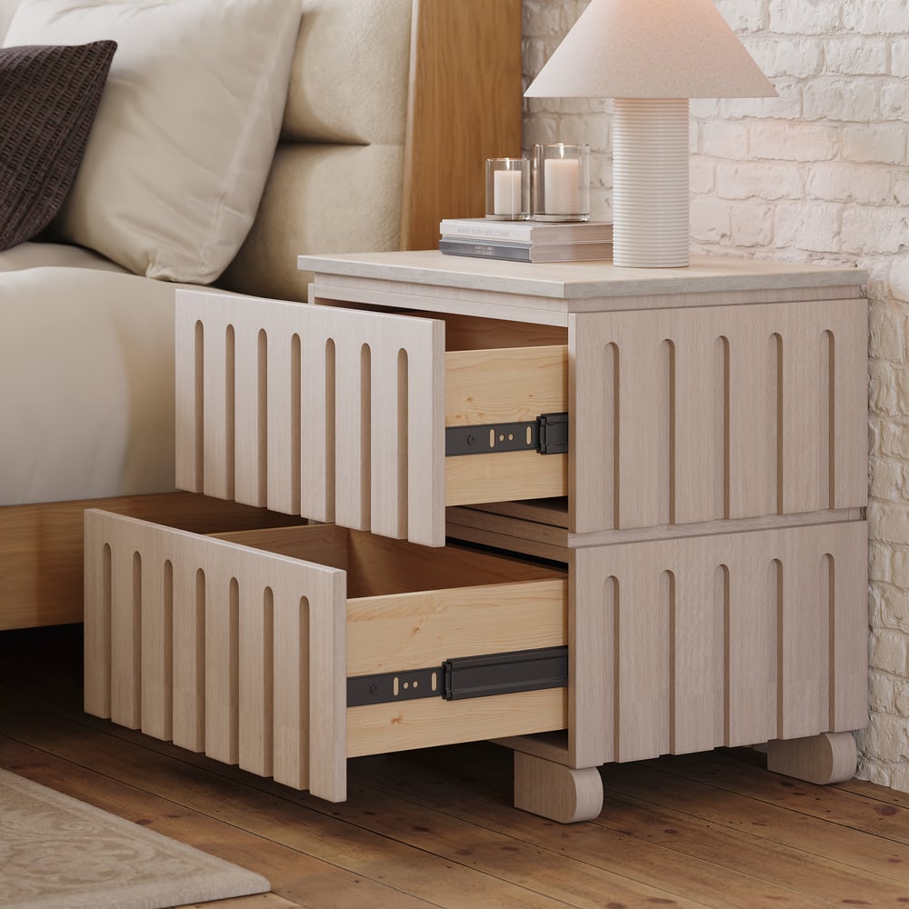 Ash Wood 2-Drawer Nightstand with Faux Travertine Top window image