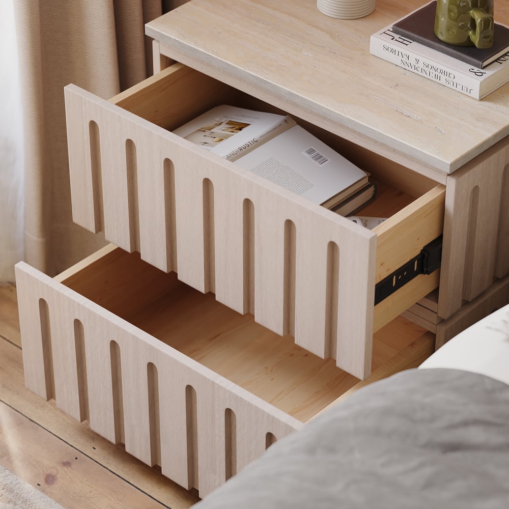 Ash Wood 2-Drawer Nightstand with Faux Travertine Top window image