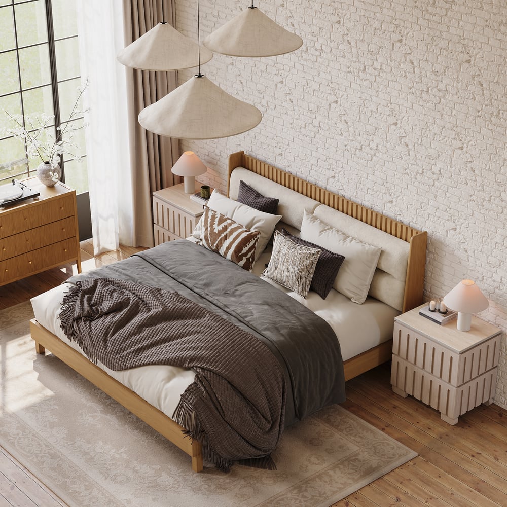 Ash Wood 2-Drawer Nightstand with Faux Travertine Top window image