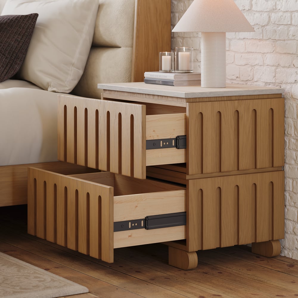 Ash Wood 2-Drawer Nightstand with Faux Travertine Top window image