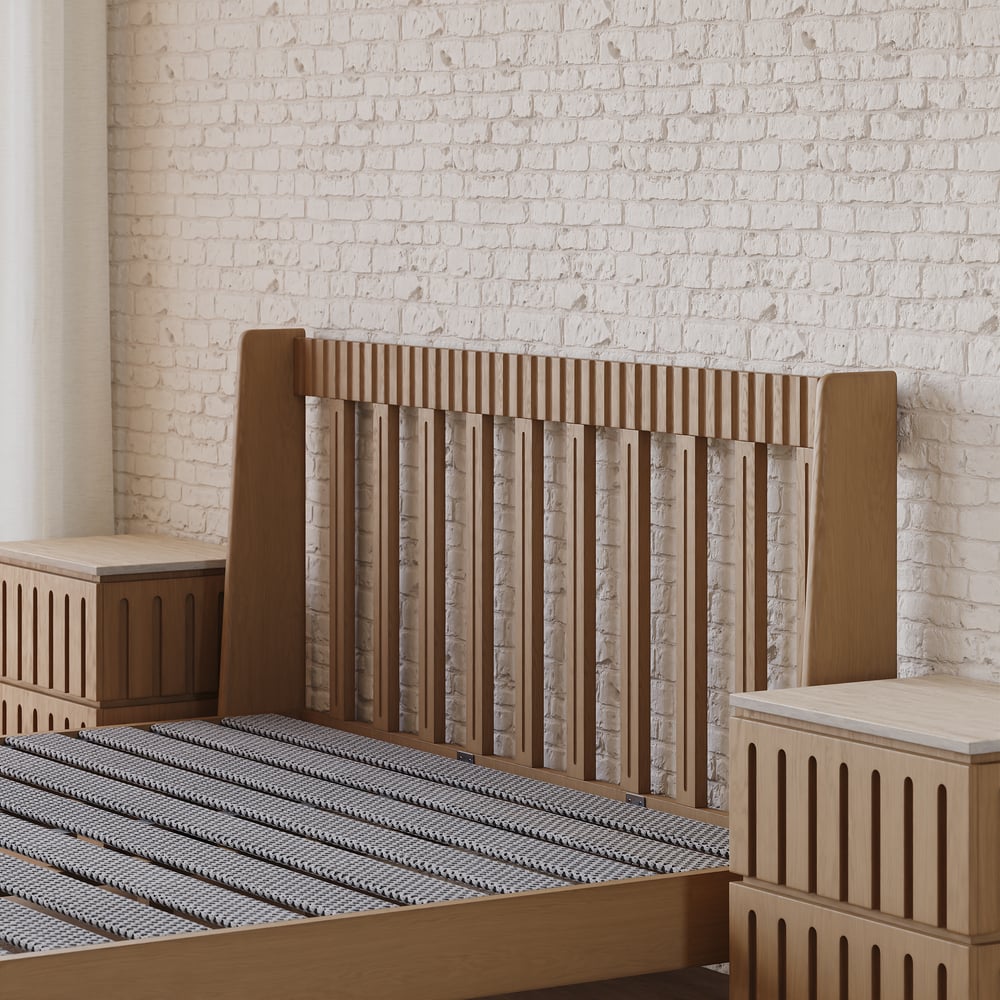 Modern Natural King Size Solid Wood Bed with Boucle Headboard Pillows window image