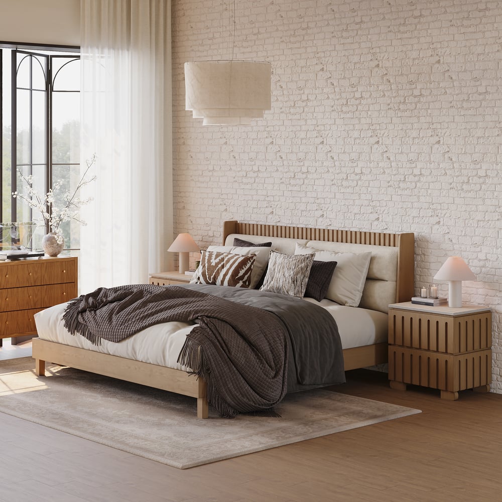 Modern Natural King Size Solid Wood Bed with Boucle Headboard Pillows window image