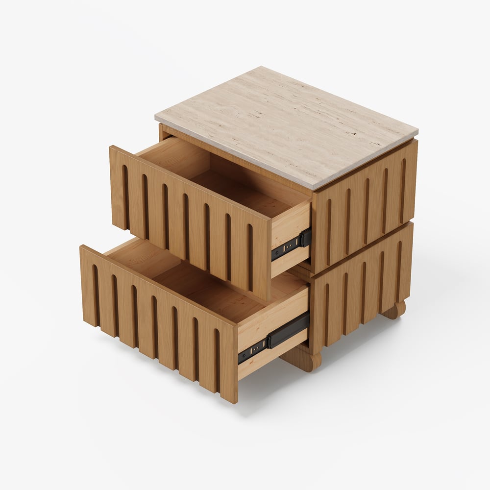 Ash Wood 2-Drawer Nightstand with Faux Travertine Top window image