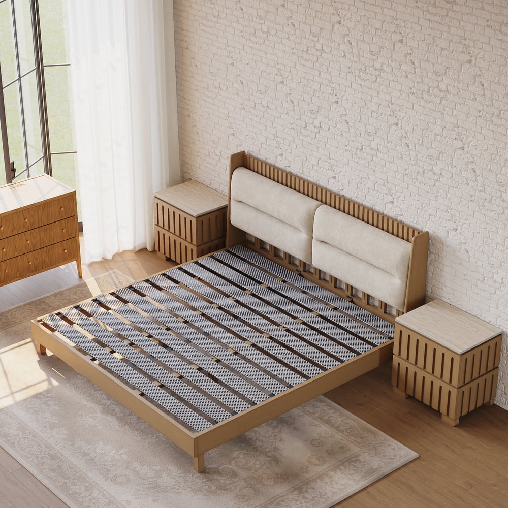 Modern Natural King Size Solid Wood Bed with Boucle Headboard Pillows window image