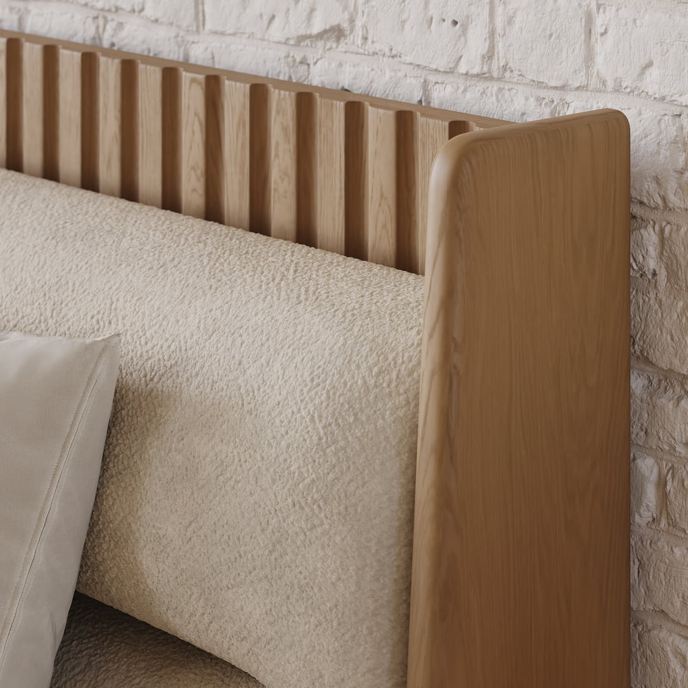 Modern Natural King Size Solid Wood Bed with Boucle Headboard Pillows window image