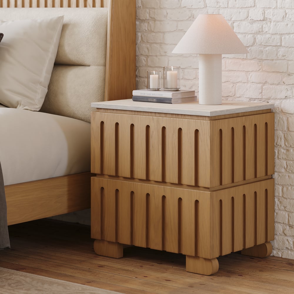 Modern Solid Wood King Upholstered Bed & 2 Drawer Ash Wood Nightstand Set window image