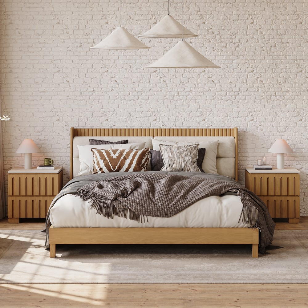 Modern Solid Wood King Upholstered Bed & 2 Drawer Ash Wood Nightstand Set window image