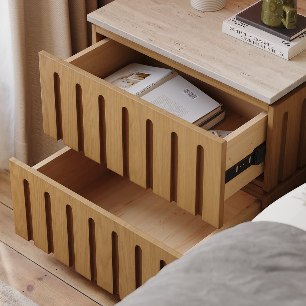 Ash Wood 2-Drawer Nightstand with Faux Travertine Top window image