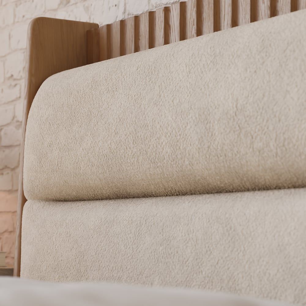 Modern Natural King Size Solid Wood Bed with Boucle Headboard Pillows window image