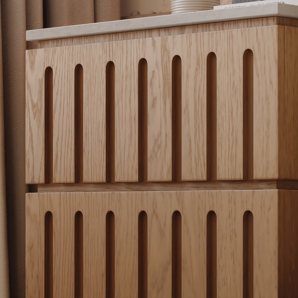 Ash Wood 2-Drawer Nightstand with Faux Travertine Top window image