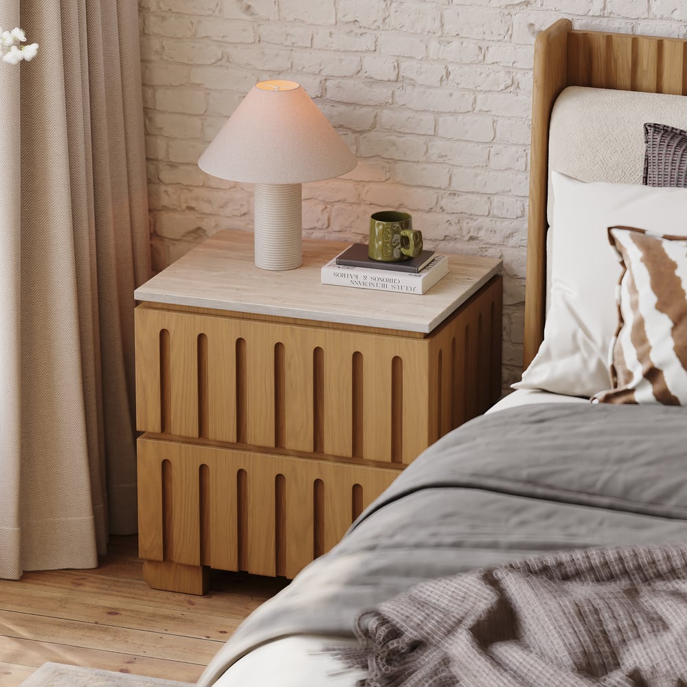 Modern Solid Wood King Upholstered Bed & 2 Drawer Ash Wood Nightstand Set window image