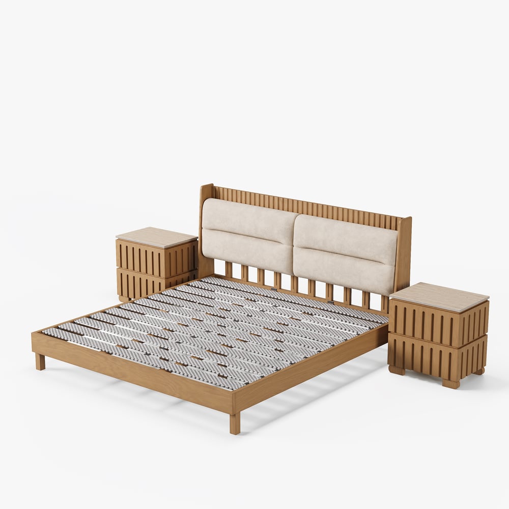 Modern Solid Wood King Upholstered Bed & 2 Drawer Ash Wood Nightstand Set window image