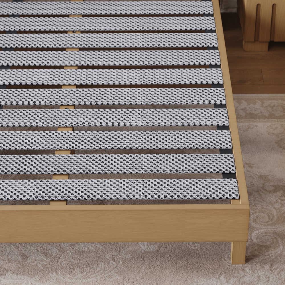 Modern Natural King Size Solid Wood Bed with Boucle Headboard Pillows window image