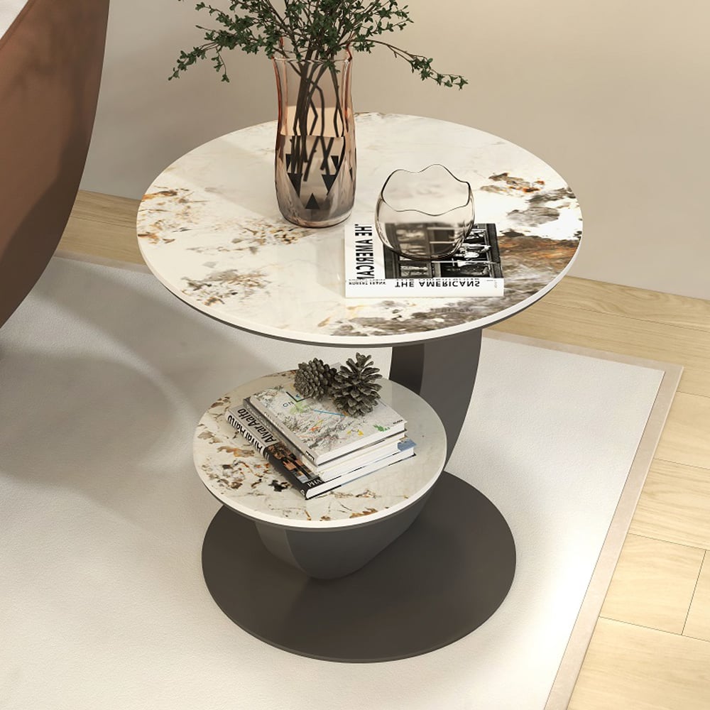 20" Round Sintered Stone 2-Tier Moon-Shaped Side Table window image