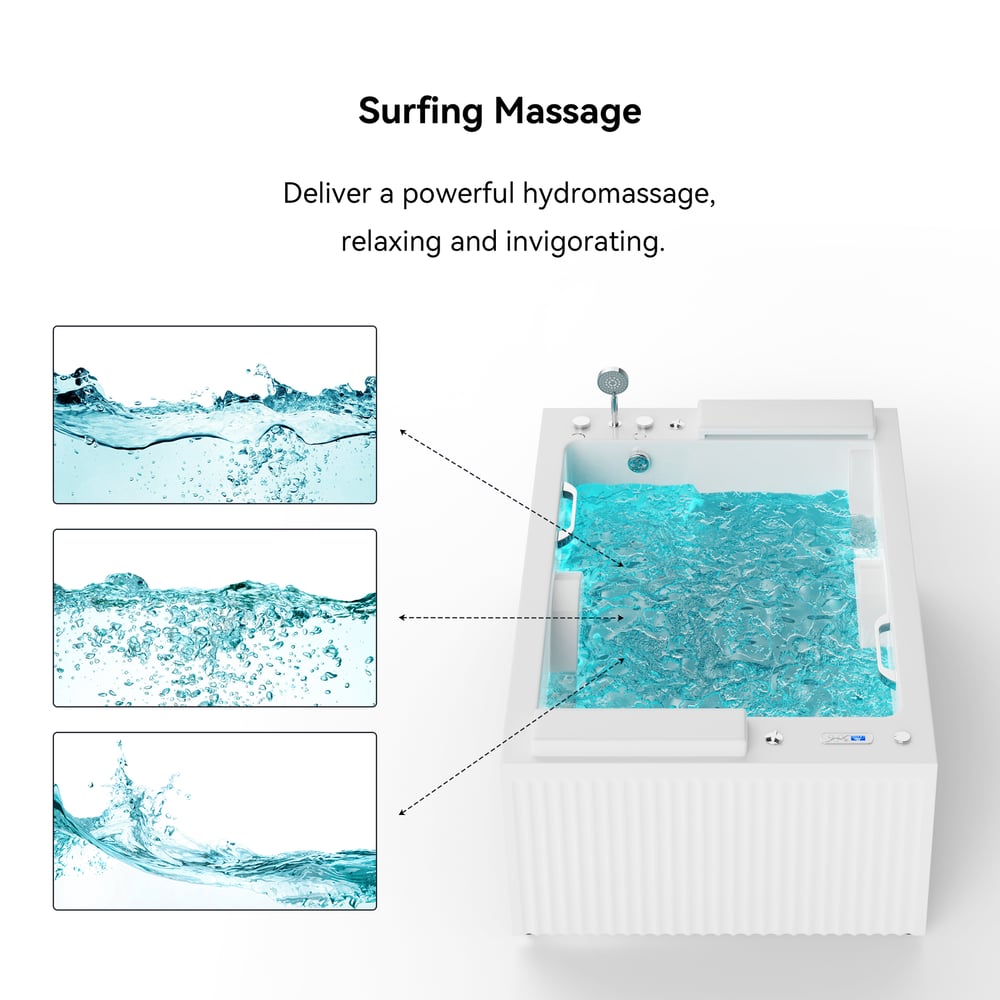 66.7" Fluted Double Jacuzzi Bathtub Acrylic with LED-Lit Waterfall Pillow window image